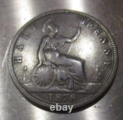 GREAT BRITAIN 1878 1/2 Penny, KM. 754, Very Rare- Small Date-FREE SHIPPING IN US