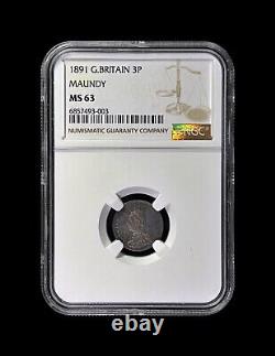 GREAT BRITAIN. 1891, 3 Pence, Silver NGC MS63 Victoria, Maundy, RARE