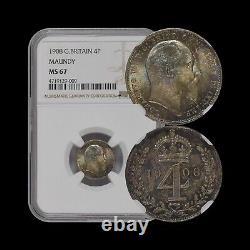 GREAT BRITAIN. 1908, 4 Pence, Silver NGC MS67 KEVII, Maundy, ? Toned, RARE