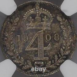 GREAT BRITAIN. 1908, 4 Pence, Silver NGC MS67 KEVII, Maundy, ? Toned, RARE