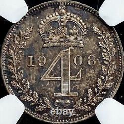 GREAT BRITAIN. 1908, 4 Pence, Silver NGC MS67 KEVII, Maundy, ? Toned, RARE