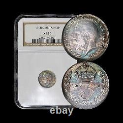 GREAT BRITAIN. 1918, 3 Pence, Silver NGC XF40 KGV, Maundy, ? Toned, RARE