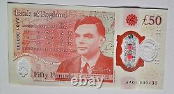 GREAT BRITAIN £50 Alan Turing 1st Run LOW S/N AA01 000130 SUPERB Unc RARE