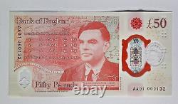 GREAT BRITAIN £50 Alan Turing 1st Run LOW Serial AA01 000132 SUPERB Unc RARE