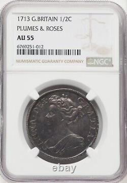 Great Britain 1713 1/2 Crown Plumes & Roses NGC AU55 RARE SO CHOICE