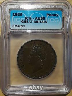 Great Britain 1826 Penny KM 693 ICG Certified AU-50 RARE