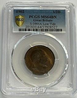 Great Britain Edward VII 1902 Rare Low Tide Halfpenny PCGS MS64