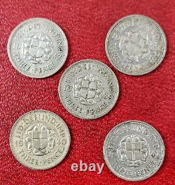 Great Britain Set Of 5 Three Pence Coins 1937 -1941 Rare