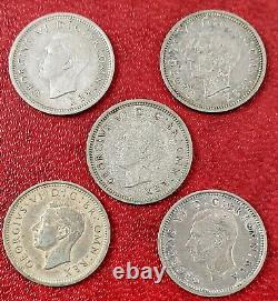Great Britain Set Of 5 Three Pence Coins 1937 -1941 Rare