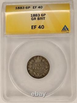 Great Britain Silver 6 Pence 1883 6P EF40 ANACS Rare British Queen Victoria Coin