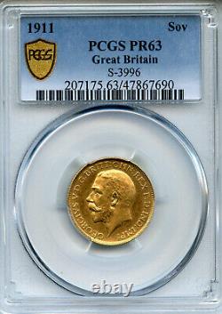 Great Britain UK 1911 Gold 1 Sovereign coin, George V, Rare PCGS PROOF-63