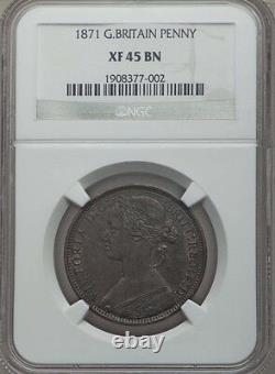 Great Britain Victoria 1871 1 Penny Coin, Rare Date, Certified Ngc Xf45-bn