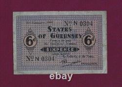 Guernsey 6 Pence 1942 P-24 FINE RARE BLUE PAPER UK Great Britain