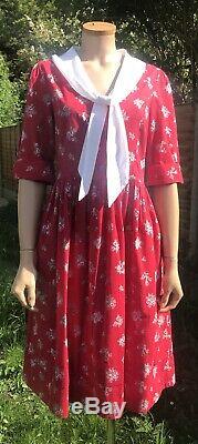 LAURA ASHLEY Rare VINTAGE Red & White COTTON Floral Sailor Tea DRESS MADE IN GB