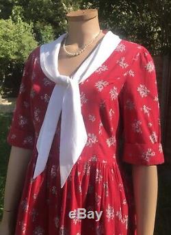 LAURA ASHLEY Rare VINTAGE Red & White COTTON Floral Sailor Tea DRESS MADE IN GB