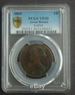 PCGS VF30 graded 1869 Great Britain penny, rare date. See coin's description