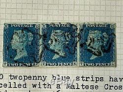 RARE 1840 2d Blue Strip of THREE with 4 Margins and clear black Mx's