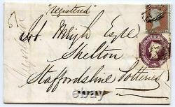 RARE 1855 registered cover Liverpool to Shelton 1d red-brown+ 6d purple embossed