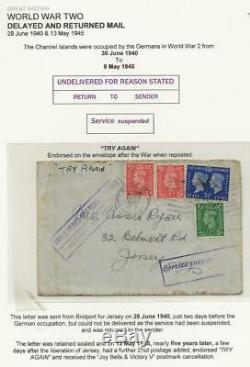 RARE GB WWII cover to Jersey 28 Jun 1940 SERVICE SUSPENDED Re-posted after war