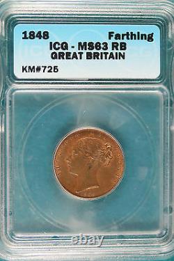 RARE Great Britain 1848 Farthing KM#725 ICG MS 63 RB #B6485