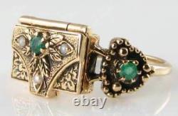 Rare 9ct 9k Gold Victorian Ins Emerald & Pearl Locket Poison Ring Free Resize