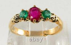 Rare Combo 9ct Gold Ruby & Emerald Art Deco Ins Trilogy Ring Free Resize