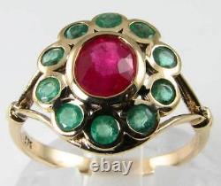 Rare Combo English 9ct Gold Ruby & Emerald Cluster Ring