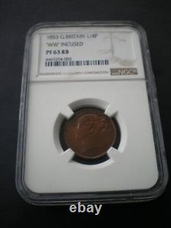 Rare Great Britain Victoria 1853 Proof Farthing 1/4d WW INCUSED NGC PF 63 RB