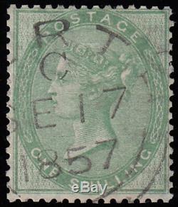 SG73 1856 1/- Pale green, superb used, neat cds dated SE. 17.57. Rare so fine