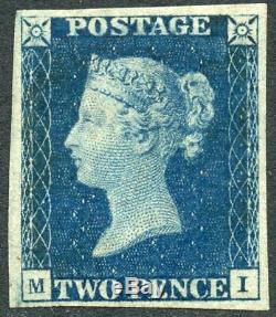 Superb and RARE 1840 2d blue plate 2 lettered M. I. MH. S. G. 5