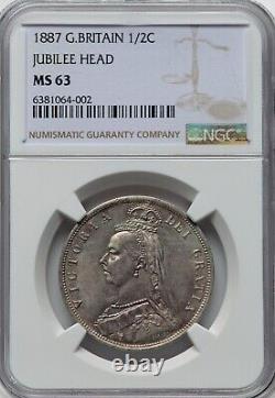 Uk Great Britain, Silver 1/2 Crown 1887 Jubilee Head Ngc Ms 63 (lg), Rare