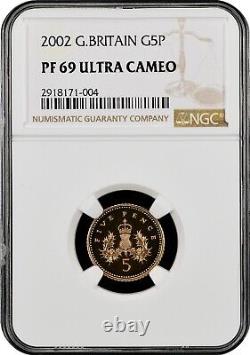 Very Rare 2002 Great Britain Gold Proof 5 Pence Coin NGC PF 69 (Ultra Cameo)