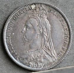Victoria Sixpence, 1887 Jubilee Head JEB on Truncation Variety. R3 Very Rare. EF